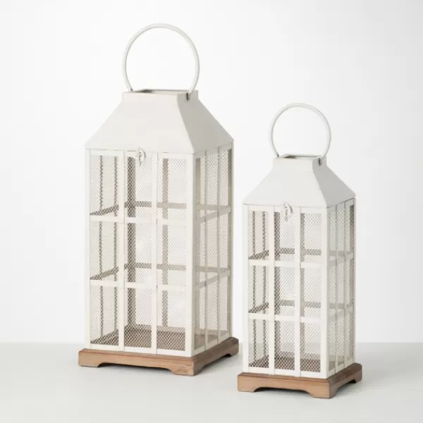 Lanterns-Kirkland's Home Cream Metal Paned Wood Base Lanterns, Set Of 2 Ivory