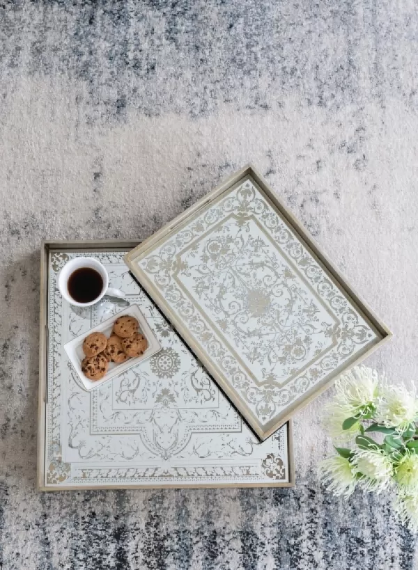 Decorative Trays-Kirkland's Home Cream Moroccan Pattern Tray With Gold Edges White