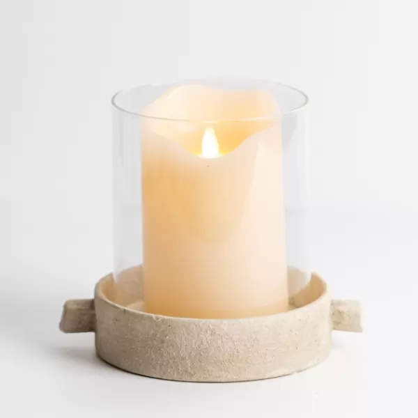 Candle Holders-Kirkland's Home Cream Textured Base Hurricane, 7 In. Tan