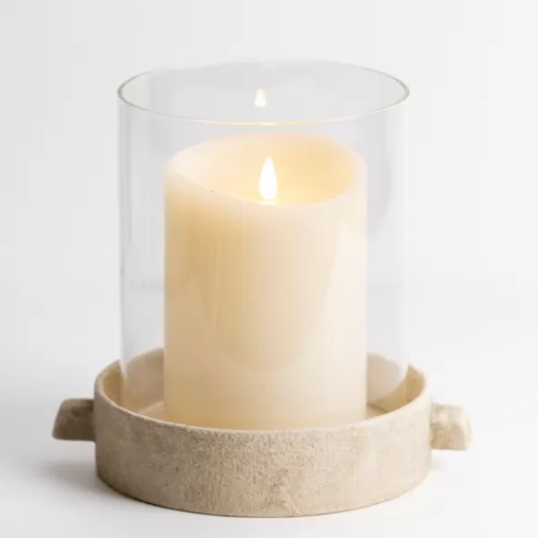 Candle Holders-Kirkland's Home Cream Textured Base Hurricane, 9 In. Tan