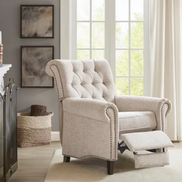 Accent Chairs-Kirkland's Home Cream Tufted Back Nailhead Trim Recliner Armchair Ivory