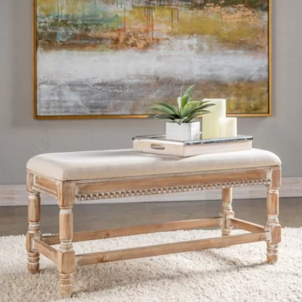 Benches & Ottomans-Kirkland's Home Cream Upholstered And Wooden Bench Ivory