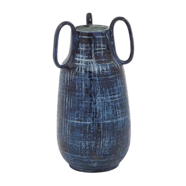 Vases-Kirkland's Home Crosshatch Triple Handle Ceramic Vase, 13 In. Blue