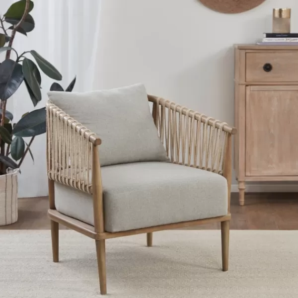 Accent Chairs-Kirkland's Home Curved Wood And Jute Rope Accent Chair Gray