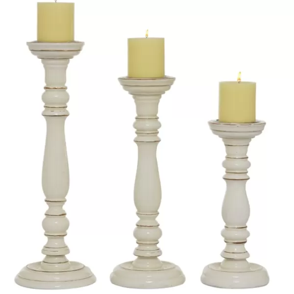 Candle Holders-Kirkland's Home Daisy White Rustic 3-Pc. Candle Holder Set White/Brown