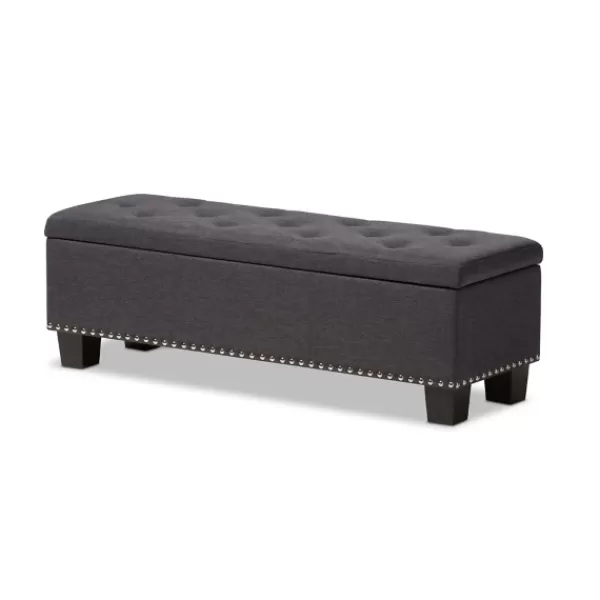 Entryway Furniture-Kirkland's Home Dark Button-Tufted Upholstered Storage Bench Gray