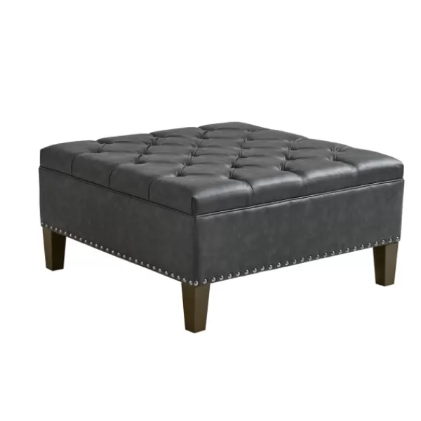 Benches & Ottomans-Kirkland's Home Dark Espresso Button Tufted Leather Ottoman Brown