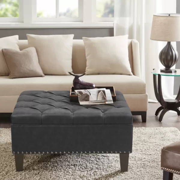 Benches & Ottomans-Kirkland's Home Dark Espresso Button Tufted Leather Ottoman Brown