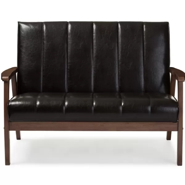 Sofas & Loveseats-Kirkland's Home Dark Faux Leather Channel Loveseat, 45 In. Brown