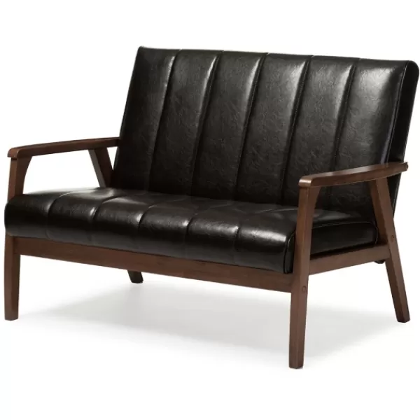 Sofas & Loveseats-Kirkland's Home Dark Faux Leather Channel Loveseat, 45 In. Brown