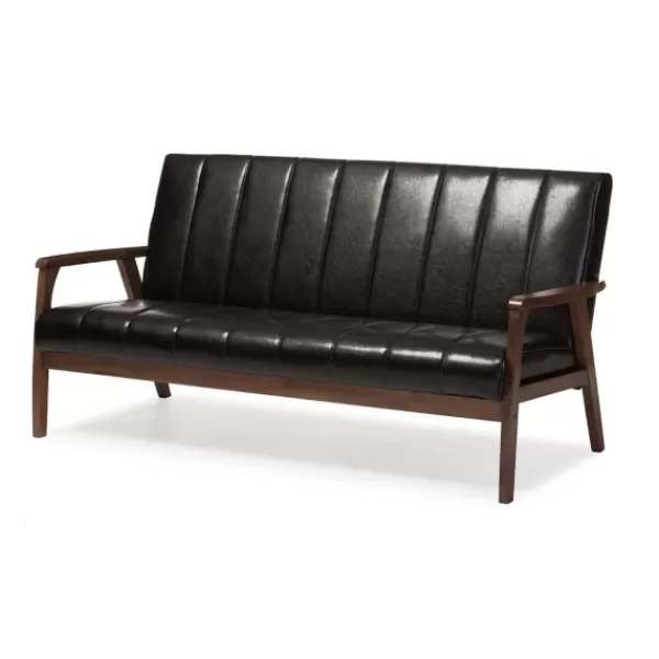 Sofas & Loveseats-Kirkland's Home Dark Faux Leather Channel Sofa, 63 In. Brown