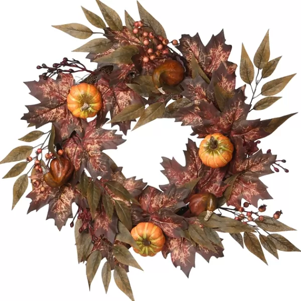 Wreaths-Kirkland's Home Dark Ivy And Oak Foliage With Pumpkins Wreath Brown/Orange