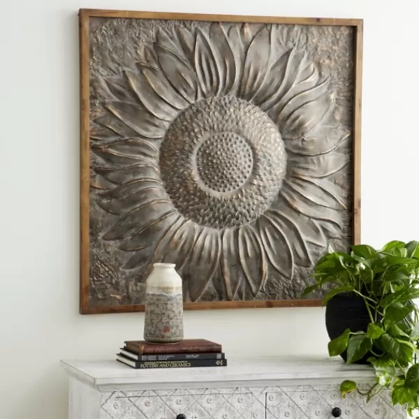 Wall Plaques-Kirkland's Home Dark Silver Metal Sunburst Wood Frame Wall Plaque Gray