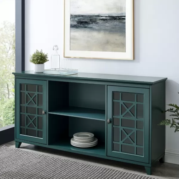 Cabinets & Sideboards-Kirkland's Home Dark Teal Fretwork 2-Door Sideboard Blue