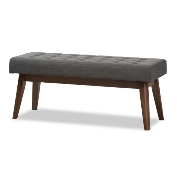 Benches & Ottomans-Kirkland's Home Dark Tufted Walnut Wood Bench Gray