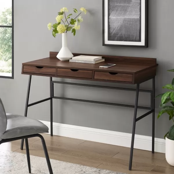 Office Furniture-Kirkland's Home Dark Walnut Angled 3-Drawer Desk