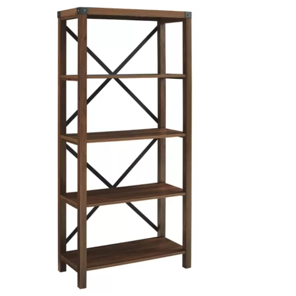 Bookshelves-Kirkland's Home Dark Walnut Farmhouse Metal Bookcase Brown