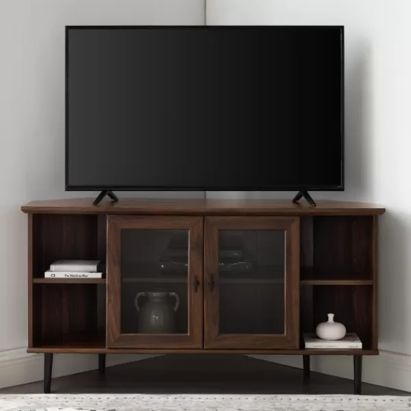 Tv Stands & Media Consoles-Kirkland's Home Dark Walnut Glass Door Corner Tv Stand Brown