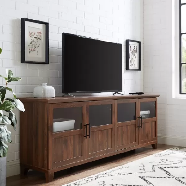 Tv Stands & Media Consoles-Kirkland's Home Dark Walnut Glass Paneled Door Tv Stand Brown