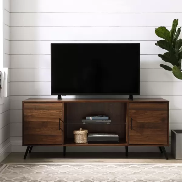 Tv Stands & Media Consoles-Kirkland's Home Dark Walnut Mid-Century 2-Door Media Cabinet Brown