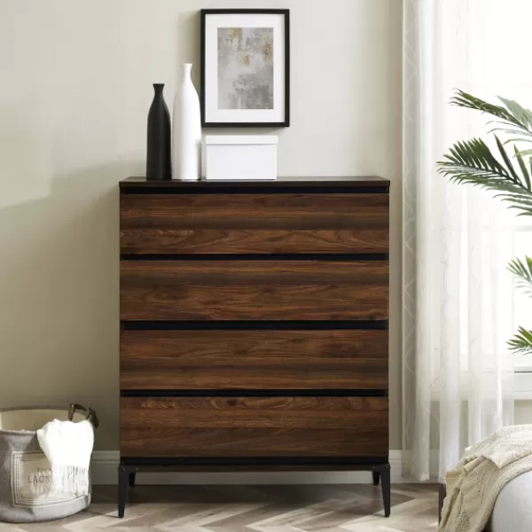 Dressers & Chests-Kirkland's Home Dark Walnut Midcentury Four-Drawer Chest Brown