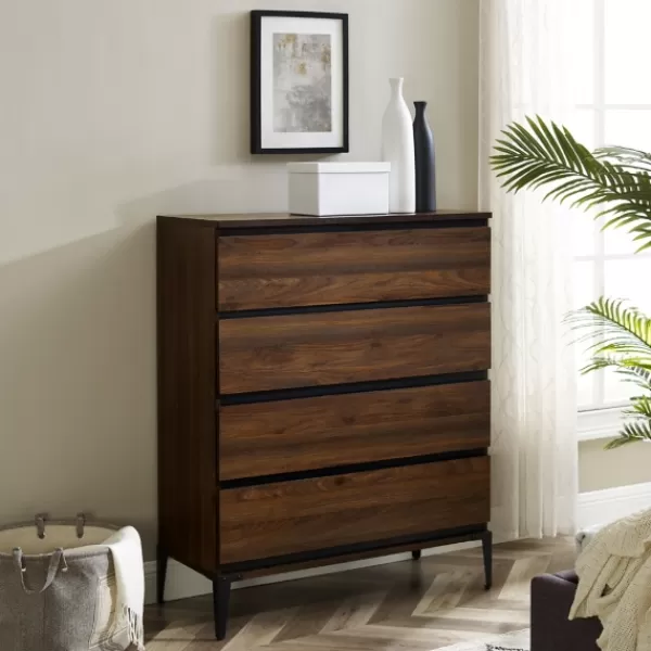 Dressers & Chests-Kirkland's Home Dark Walnut Midcentury Four-Drawer Chest Brown