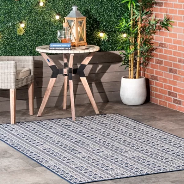 Outdoor Rugs-Kirkland's Home Davon Blue Geometric Striped Outdoor Rug, 5X8 Blue/Gray