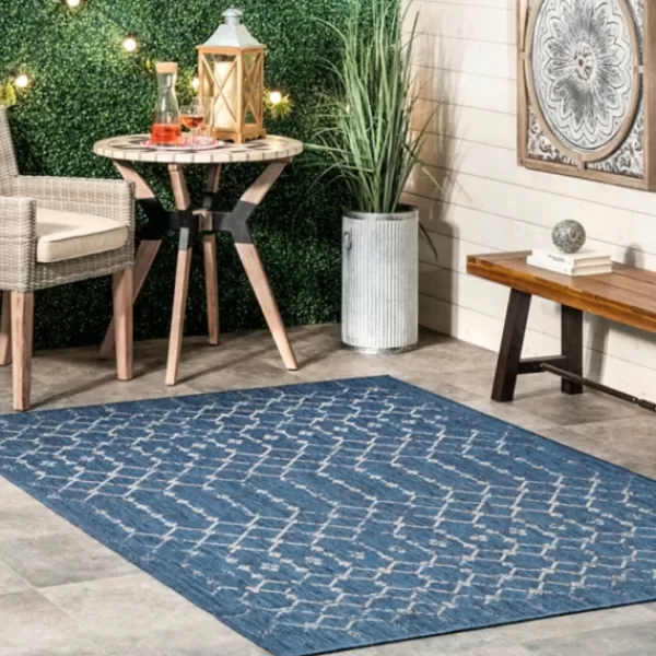 Outdoor Rugs-Kirkland's Home Davon Blue Moroccan Trellis Outdoor Rug, 5X8 Blue/Gray