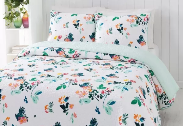 Quilts-Kirkland's Home Daydreaming Floral 3-Pc. Queen Quilt Set White/Green/Orange