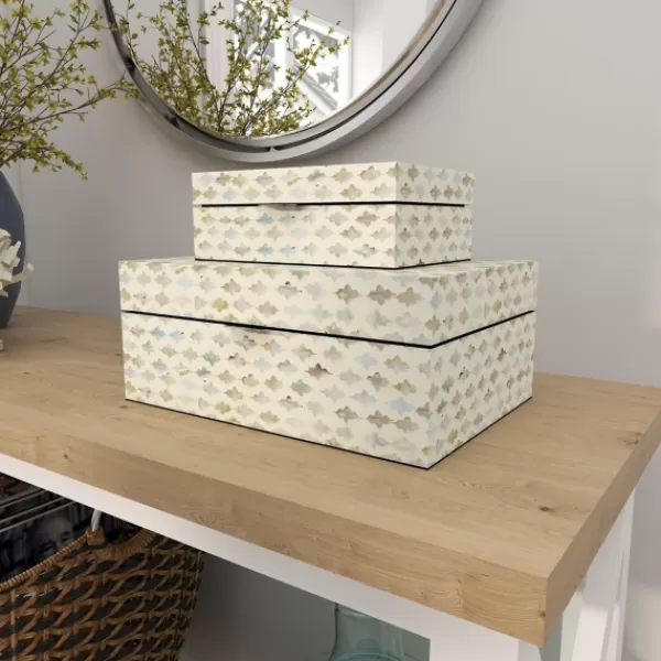 Baskets & Boxes-Kirkland's Home Decorative Mussel Shell Wood Boxes, Set Of 2 Ivory/Gray