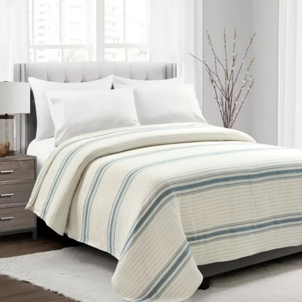 Quilts-Kirkland's Home Deep Blue Pick Stitch Stripe King Quilt Blue/White