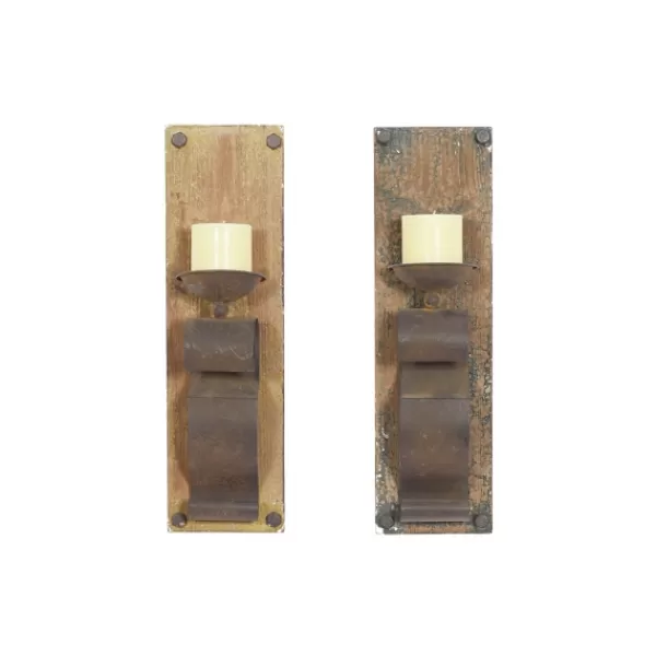 Sconces-Kirkland's Home Distressed Brown Wood Wall Sconces, Set Of 2