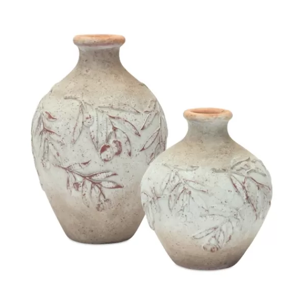 Vases-Kirkland's Home Distressed Cream Foliage Vases, Set Of 2 Ivory