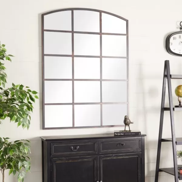 Decorative Mirrors-Kirkland's Home Distressed Metal Windowpane Arched Mirror Black