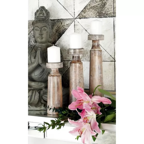 Candle Holders-Kirkland's Home Distressed Mocha Mango Wood Candlesticks, Set Of 3 Brown