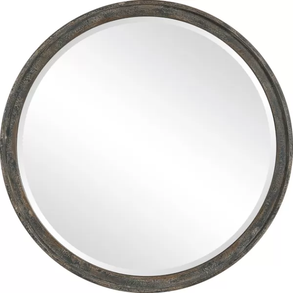 Framed Mirrors-Kirkland's Home Distressed Slate Blue Wooden Round Wall Mirror