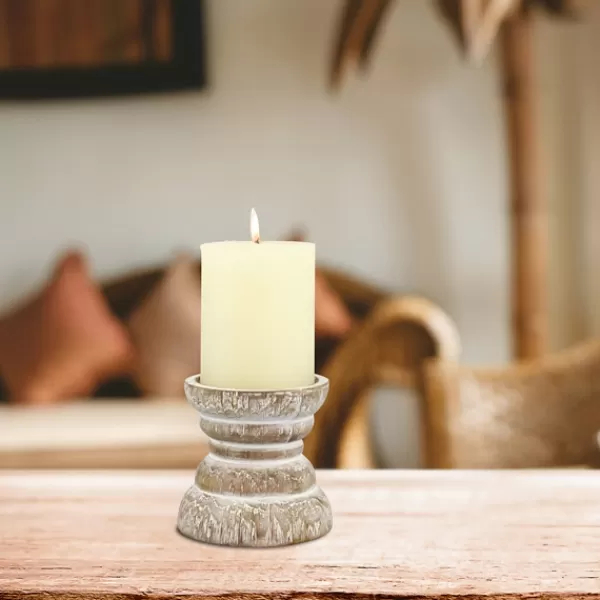 Candle Holders-Kirkland's Home Distressed Turned Wood Candle Holder, 4 In. White