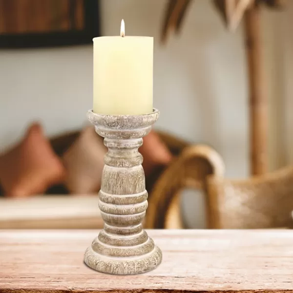 Candle Holders-Kirkland's Home Distressed Turned Wood Candle Holder, 8 In. White