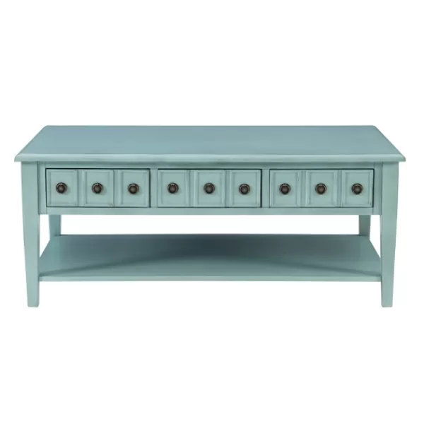 Coffee Tables-Kirkland's Home Distressed Turquoise Wood 3-Drawer Coffee Table Blue