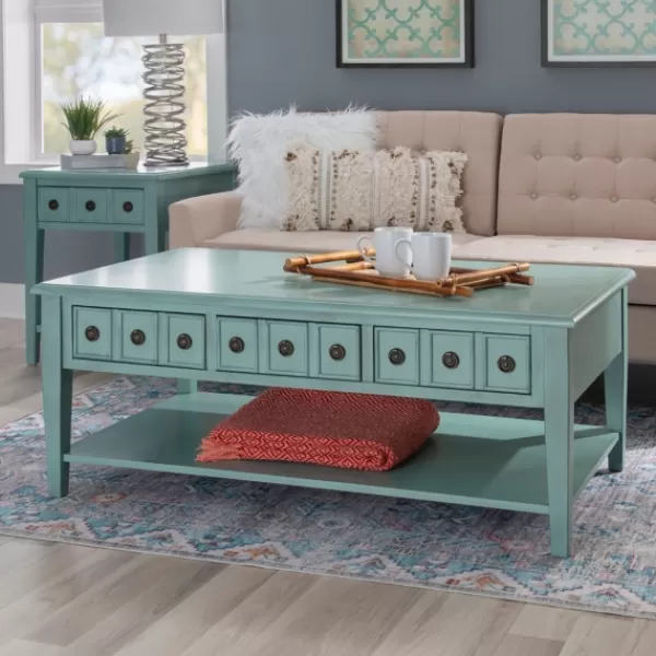 Coffee Tables-Kirkland's Home Distressed Turquoise Wood 3-Drawer Coffee Table Blue