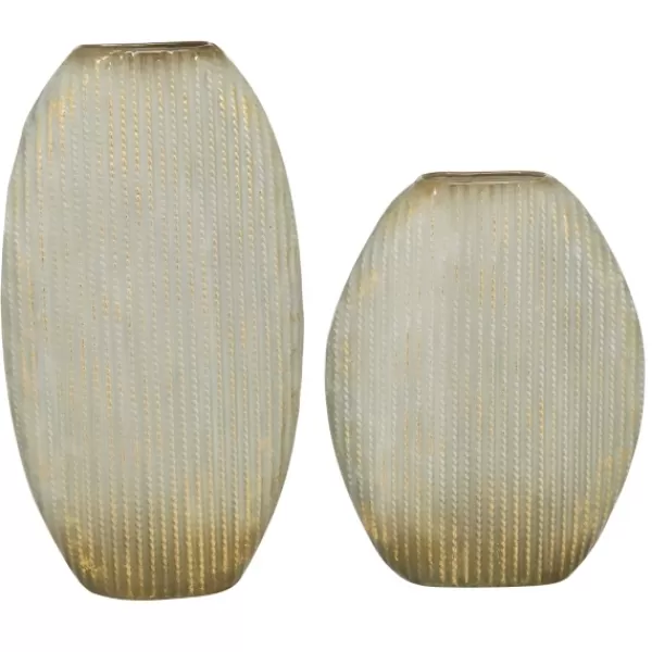 Vases-Kirkland's Home Distressed White And Beige Flat Vases, Set Of 2 Tan/White