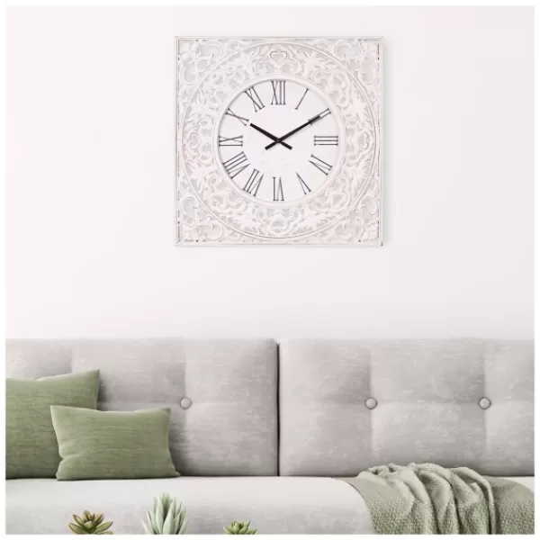 Clocks-Kirkland's Home Distressed White Ornate Wood Carved Wall Clock