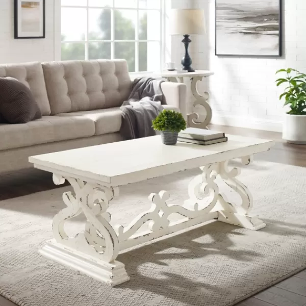 Coffee Tables-Kirkland's Home Distressed White Scrollwork Base Coffee Table White/Tan