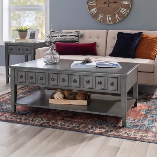 Coffee Tables-Kirkland's Home Distressed Wood 3-Drawer Coffee Table Gray