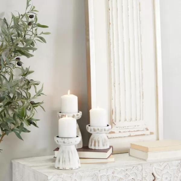 Candle Holders-Kirkland's Home Distressed Wood Pillar Candle Holders, Set Of 3 White