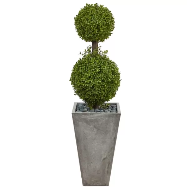 Trees & Topiaries-Kirkland's Home Double Ball Boxwood Topiary In River Rock Planter