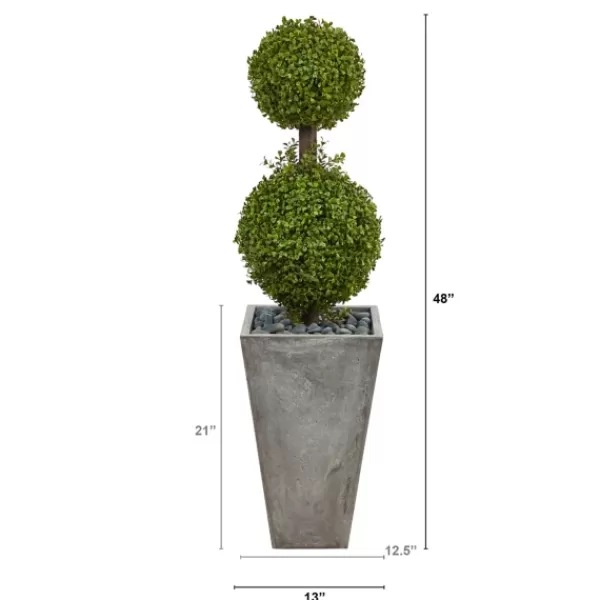 Trees & Topiaries-Kirkland's Home Double Ball Boxwood Topiary In River Rock Planter