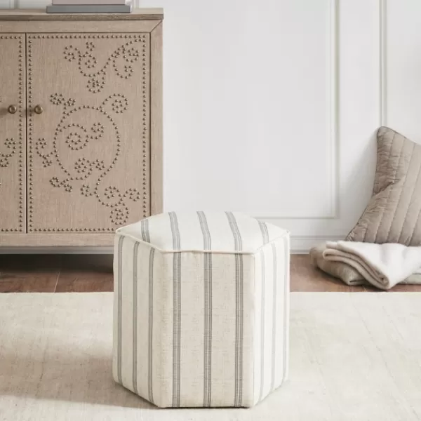 Benches & Ottomans-Kirkland's Home Ellen Stripe Martha Stewart Hexagon Ottoman Ivory