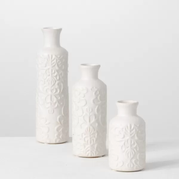 Vases-Kirkland's Home Embossed Scrolling 3-Pc. Vase Set White