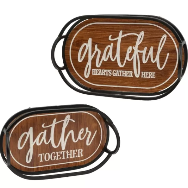 Decorative Trays-Kirkland's Home Engraved Wood And Metal Harvest Trays, Set Of 2 Brown/Black